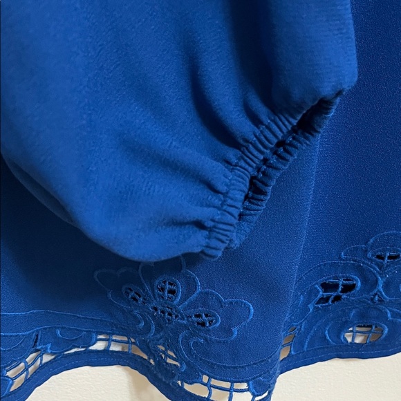 Halogen Cobalt Blue Ruffle Cutout Eyelet Long-Sleeve Detail Blouse Top Size XL - Picture 5 of 10